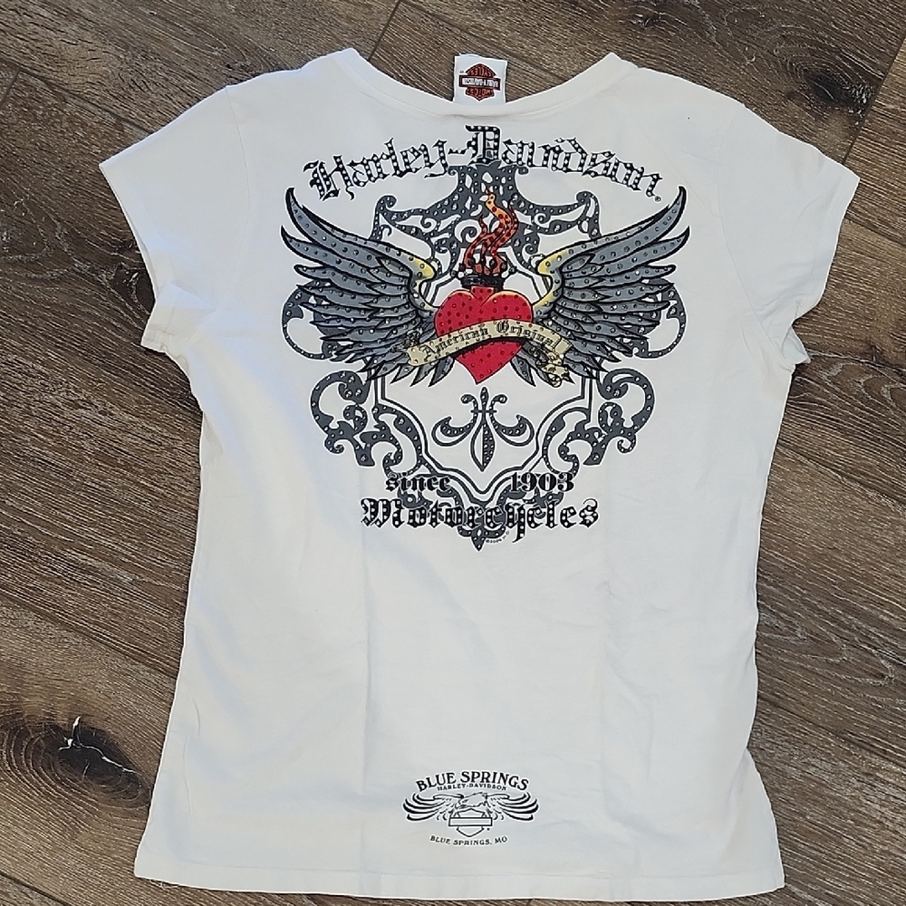 Harley-Davidson R.K.Stratman Tag White Heart Wings Graphic Bedazzled Biker Moto